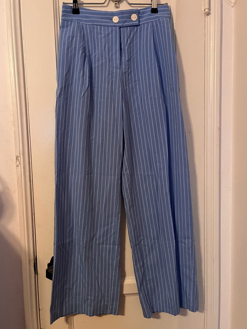 Zara Blue White Striped Wide Leg Pants Pleated Double Button Small Elastic Back
